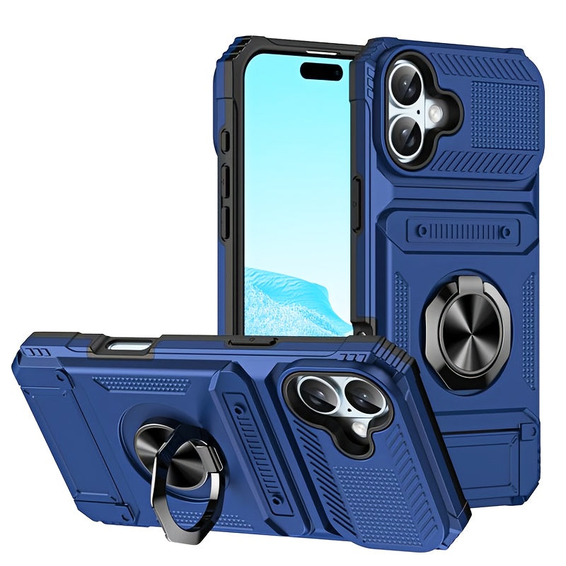 Heavy Duty Phone Case with Metal Stand and Card Slot for iPhone 16 Pro Max 15 Pro Max 14 Pro Max