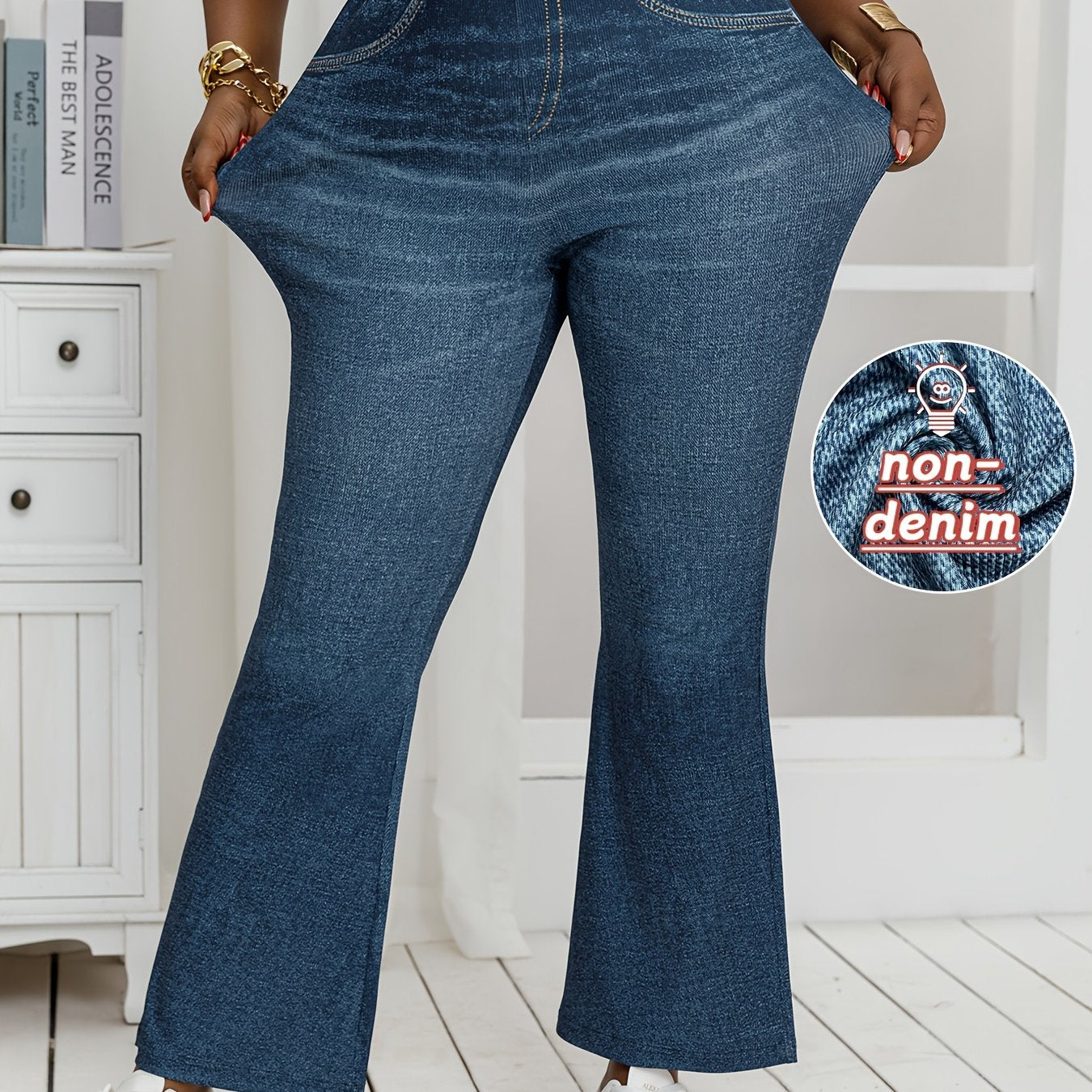 Plus Size Women's Stretchy Denim Flared Pants Wide-Leg Bell Bottoms Casual Trousers