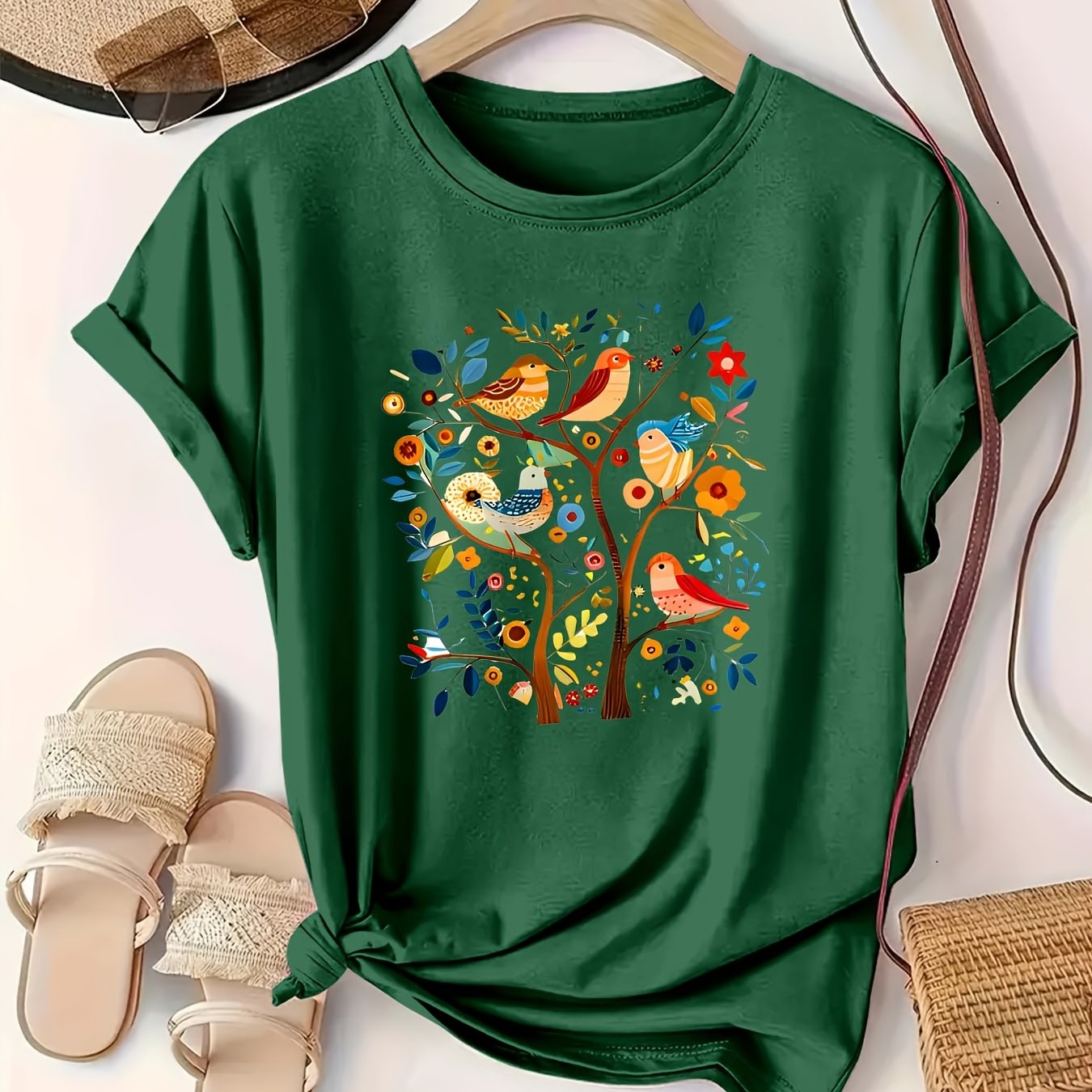 Camiseta de algodón casual para mujer de tallas grandes con estampado de aves coloridas