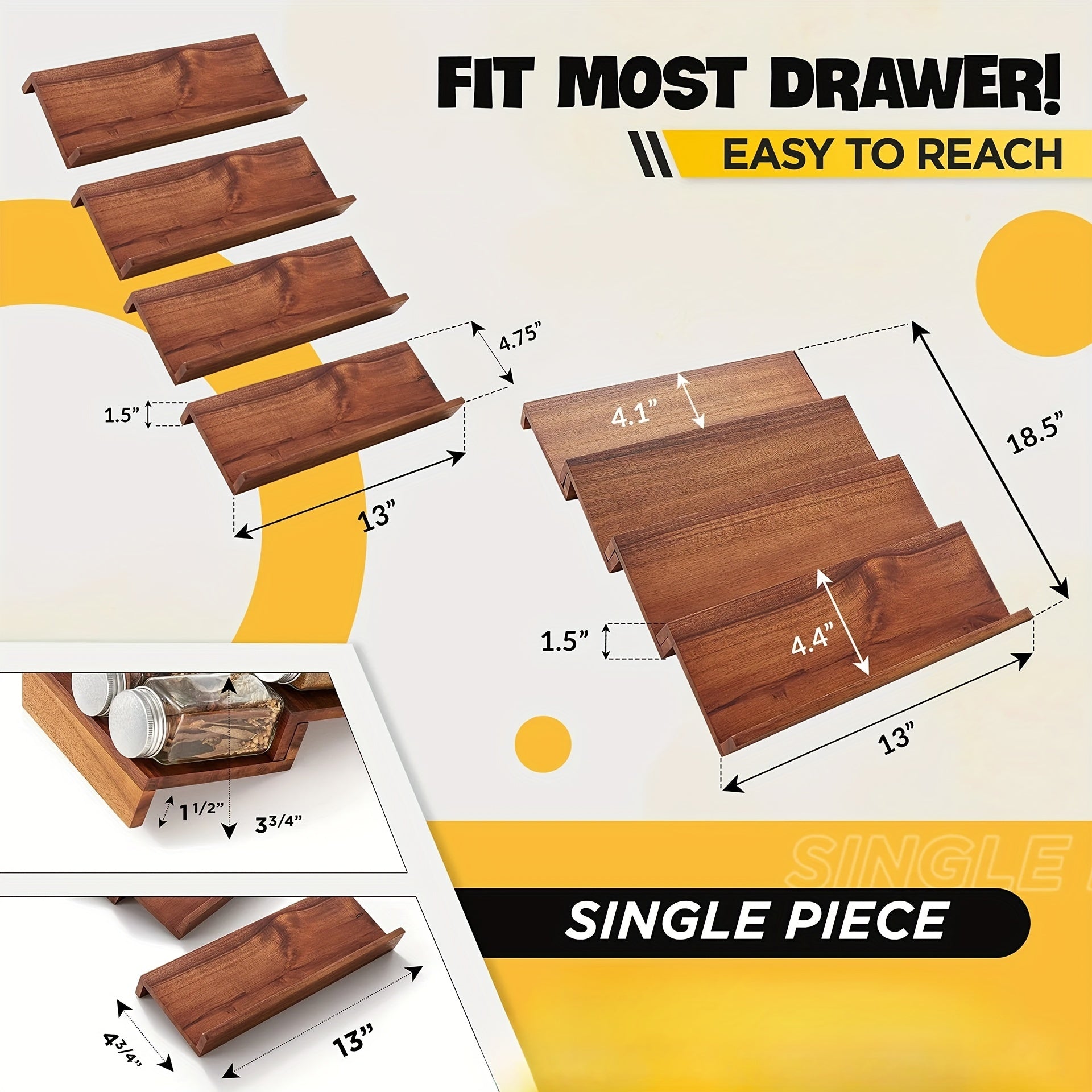 Bamboo Spice Rack Wall-Mounted 4-Tier Kitchen Organizer for Herbs and Seasonings