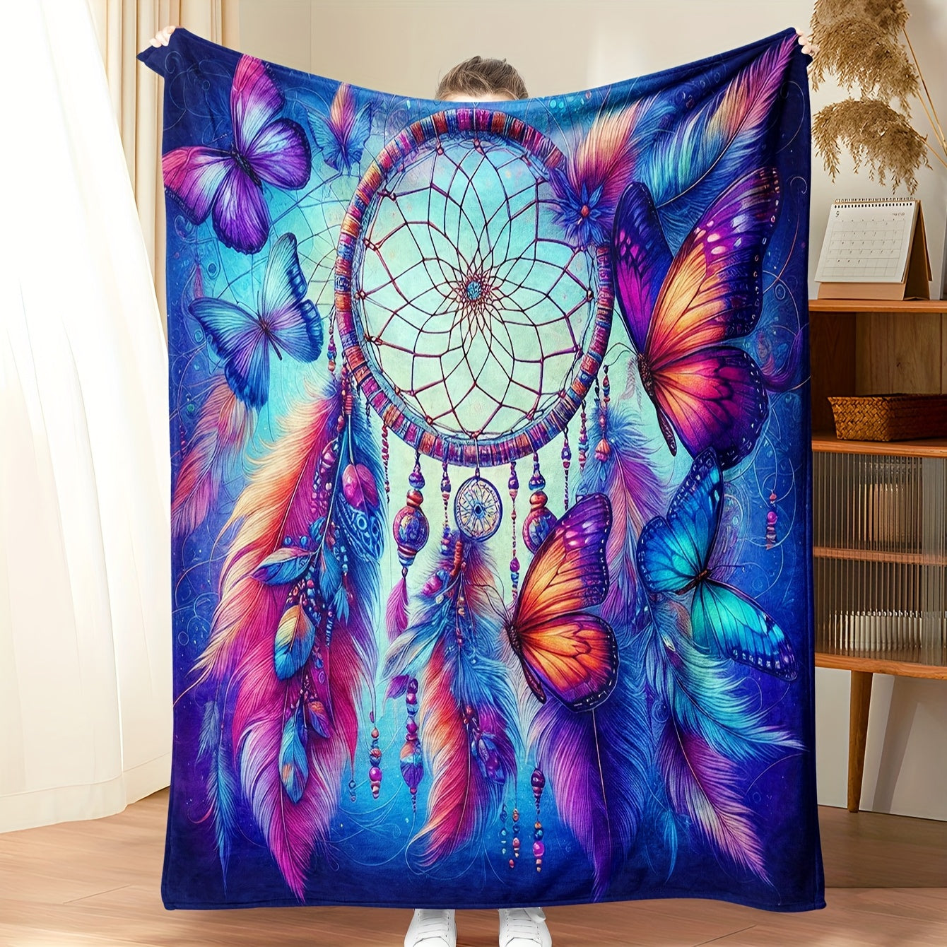 Multicolor Flannel Throw Blanket with Dreamcatcher and Butterfly Prints for Home and Travel