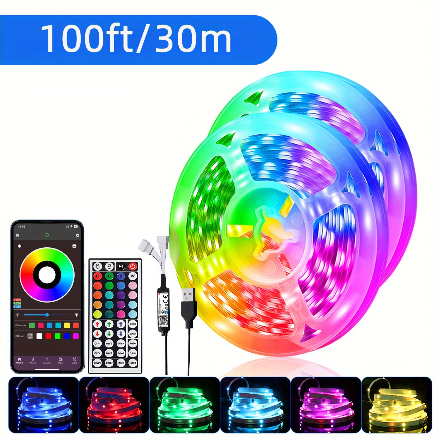 91.44cm-30.48m LED Strip Lights with Music Sync Remote App Control Dimmable Decoration