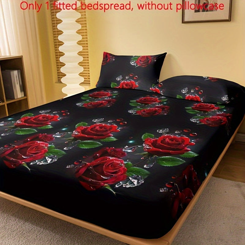Brushed Fitted Sheet Deep Pocket 3D Red Rose Print Soft Bedding for Bedroom