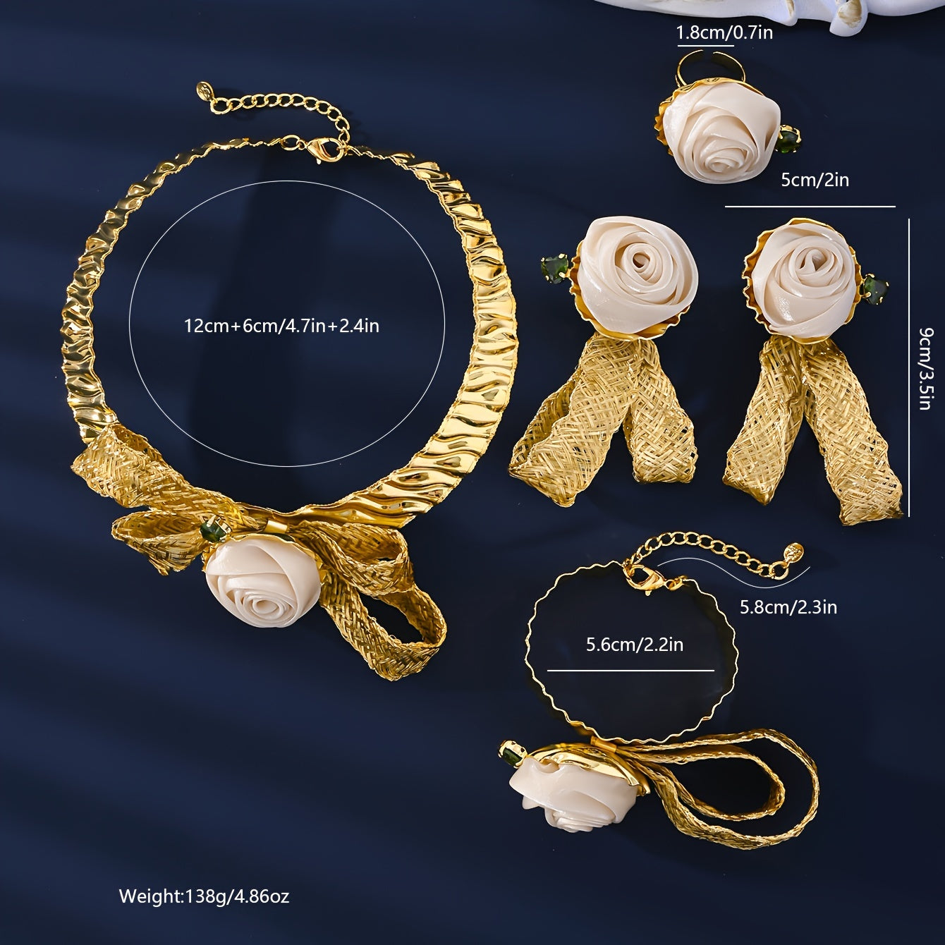 Women's Middle Eastern Gold Tone Jewelry Set with Rose Necklace Earrings and Ring