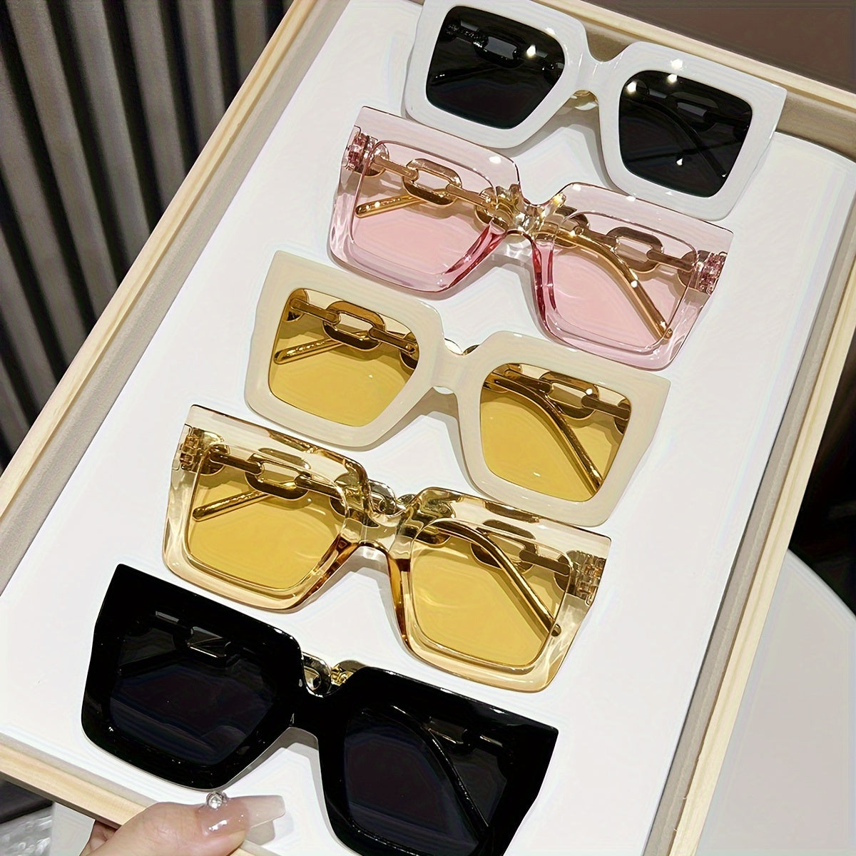 Women's Fashion Glasses 5 Pairs Square Multi-Color Frames with Gold Chain