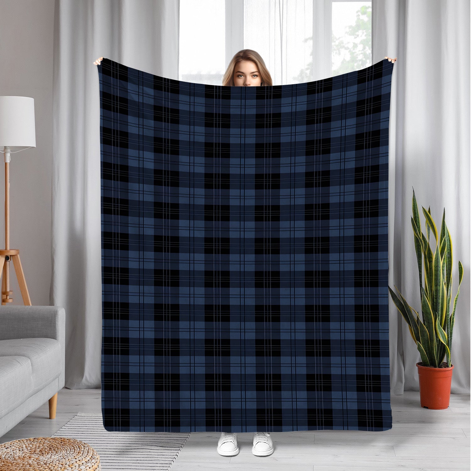 Navy Blue Geometric Plaid Flannel Fleece Blanket for Sofa Bed Travel