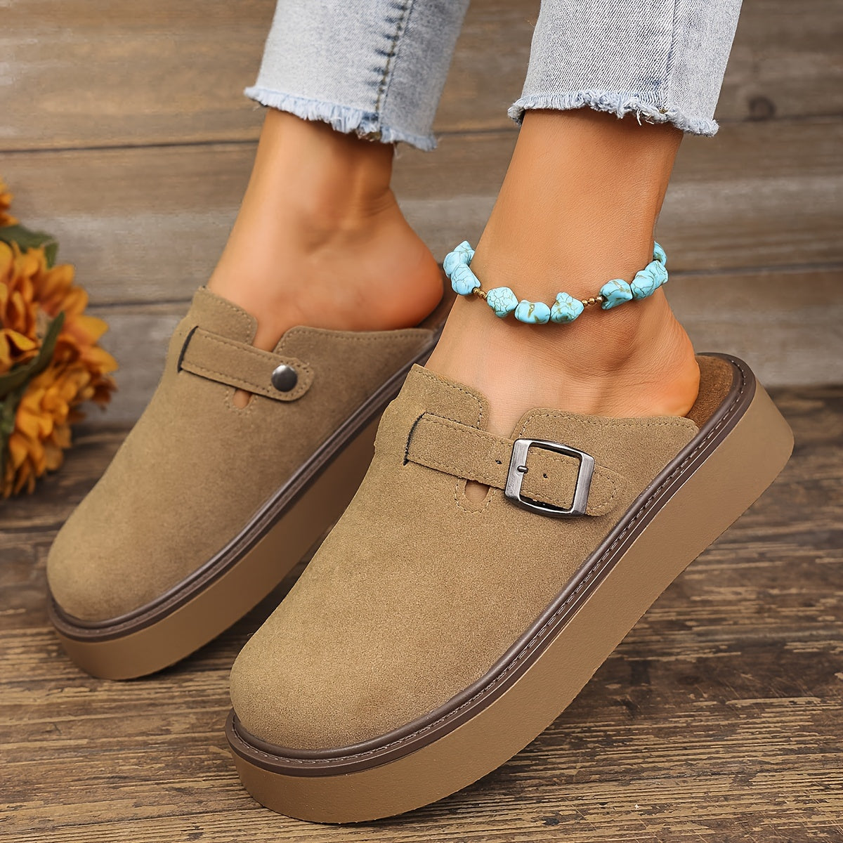Women's Casual Buckle Loafers All-Season PU Upper Rubber Sole Flannel Insole