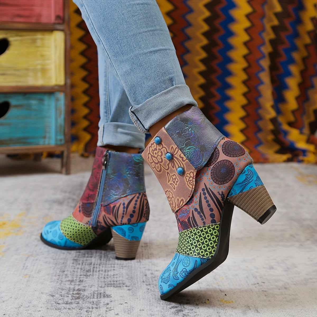 Women Bohemian Ankle Boots Fabric Insole Block Heel with Floral Patterns
