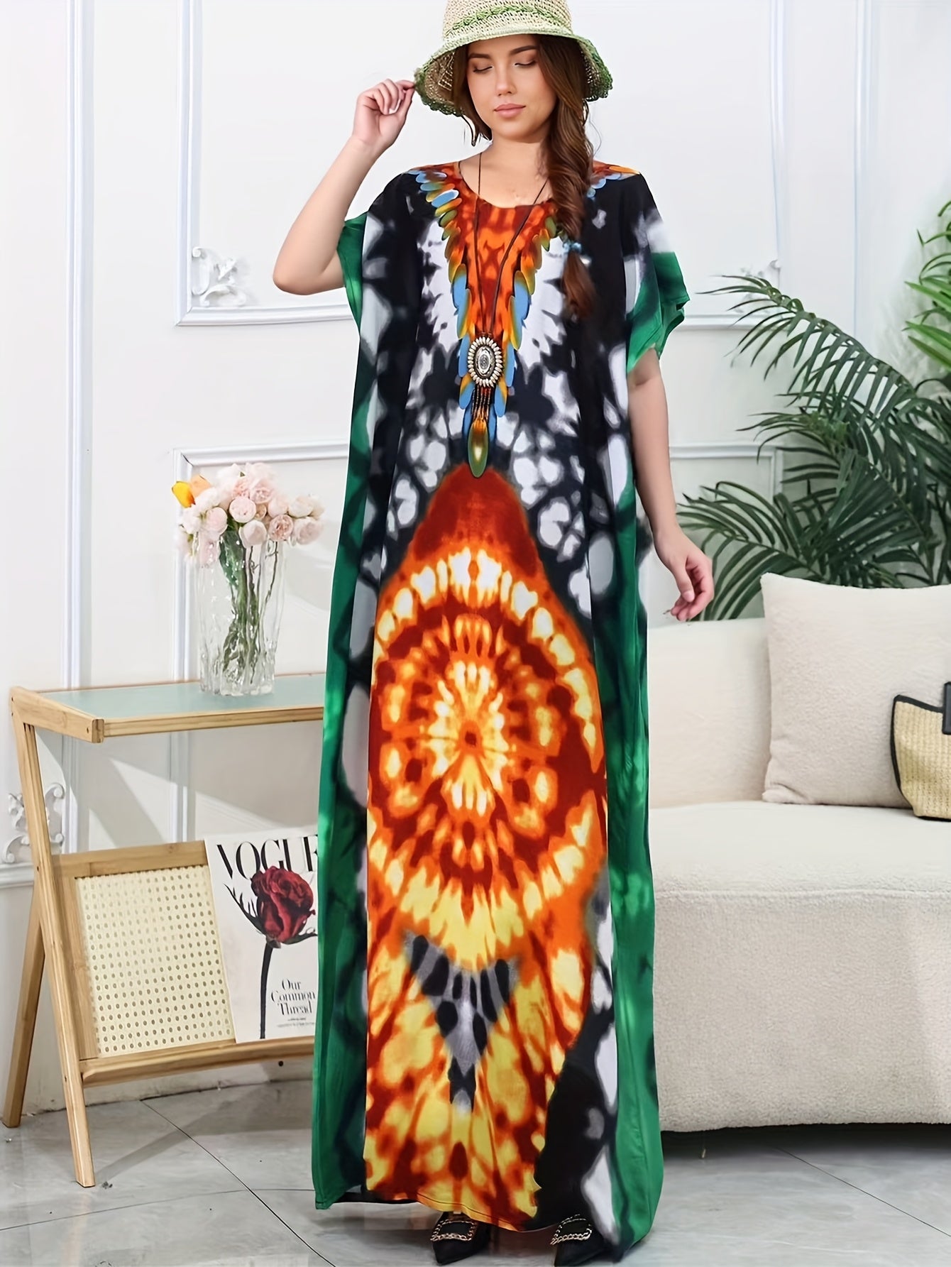Plus Size Bohemian Printed Maxi Dress Beach Cover-Up Loose Fit Over Bikini