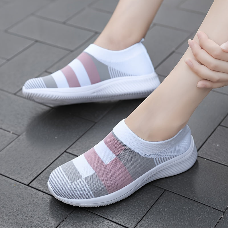Plus Size Women's Mesh Slip-On Sneakers Pink Gray White Plaid All-Season Casual