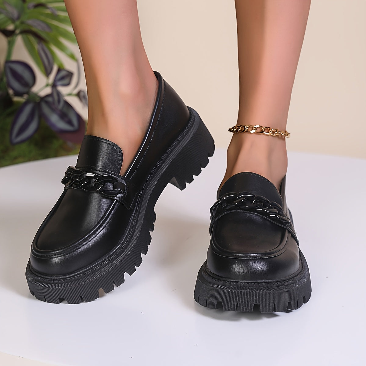 Women's Black Vintage Loafers Platform Block Heel Wide Fit Flats