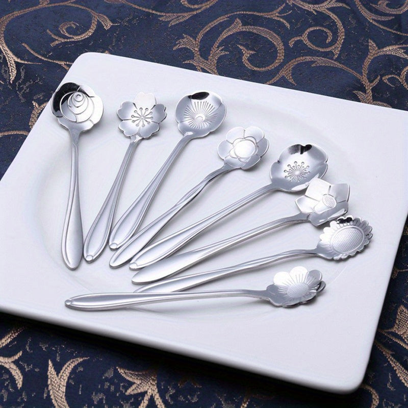 Set of 8 Flower-Shaped Stainless Steel Spoons for Tea Coffee Dessert Gold Silver