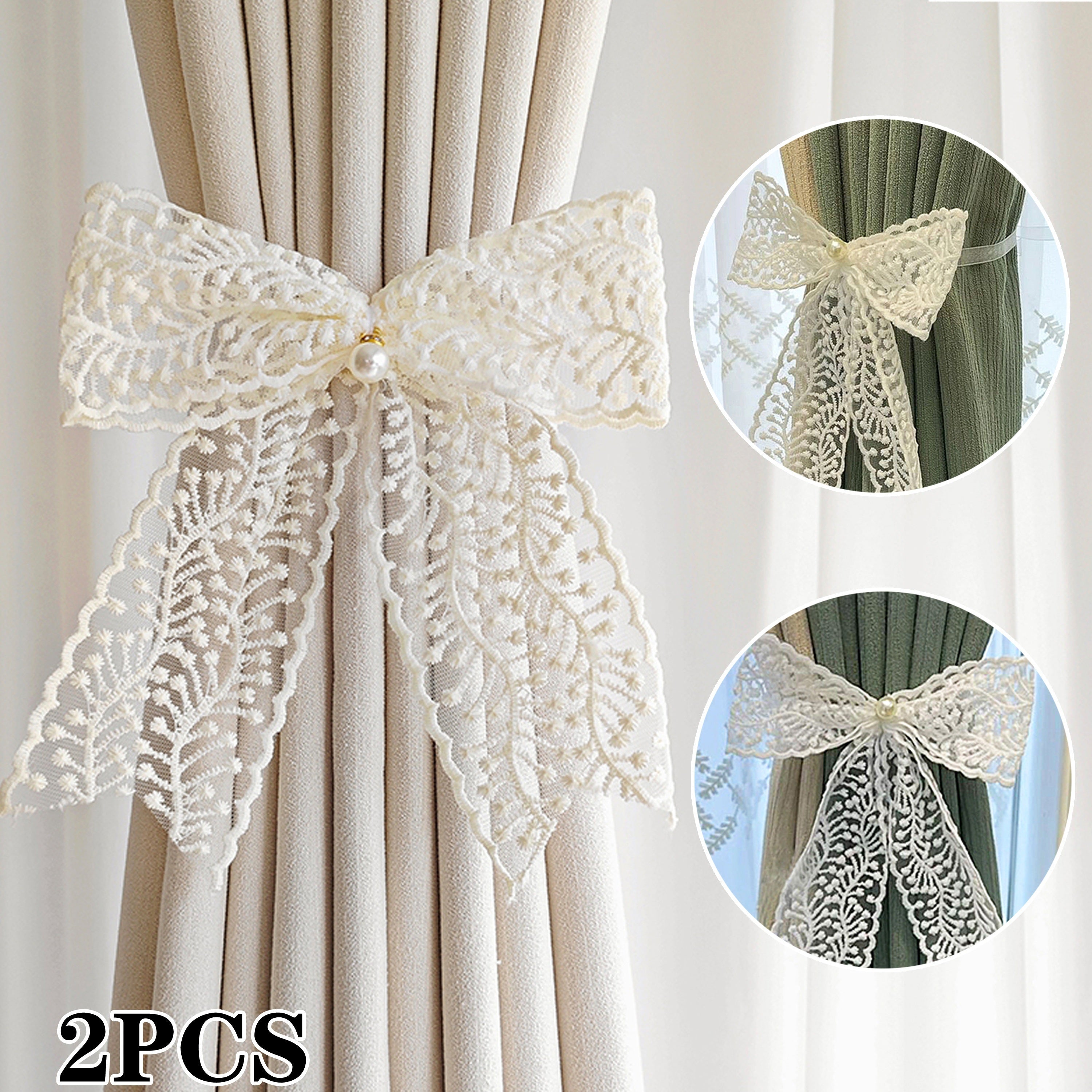 Set of 2 Lace Bow Curtain Tiebacks Adjustable Polyester Holdbacks for Heavy and Sheer Drapes
