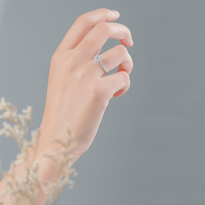 Wedding Proposal Ring Silver Moissanite Flower Design with Certificate and Box