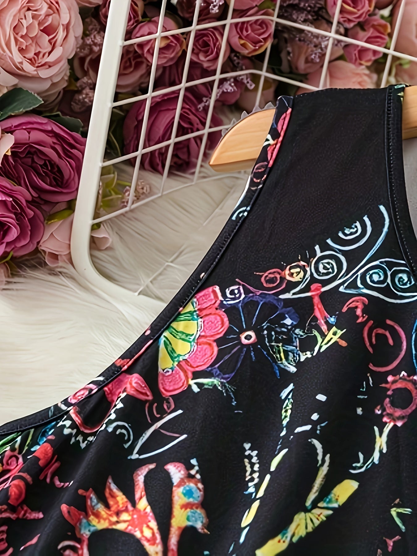 Летний платье-майка с бабочками и круглым вырезом, средняя эластичность, полиэстеровая вязка