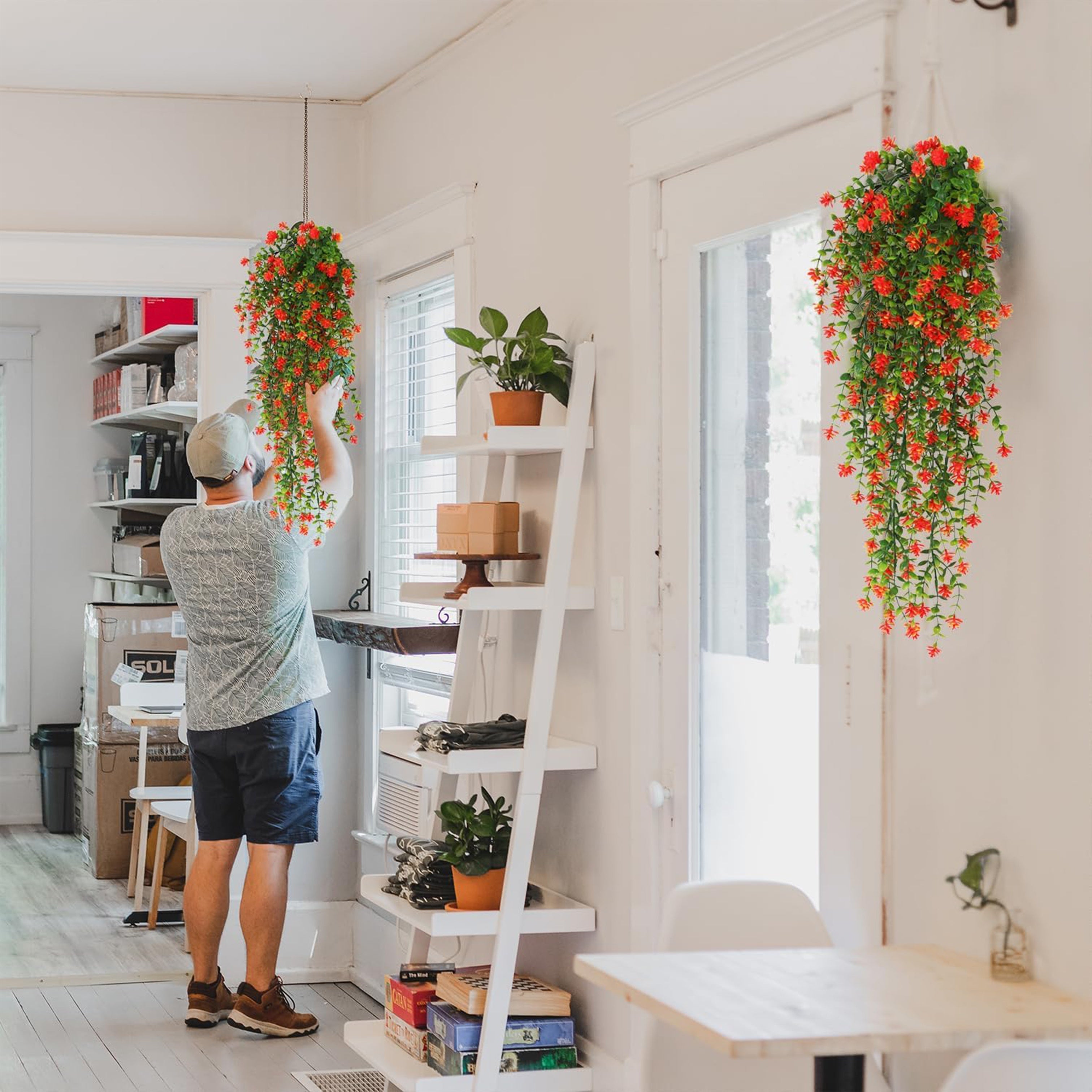 Artificial Eucalyptus Camellia Hanging Plants with Red Flowers for Indoor Outdoor Decor