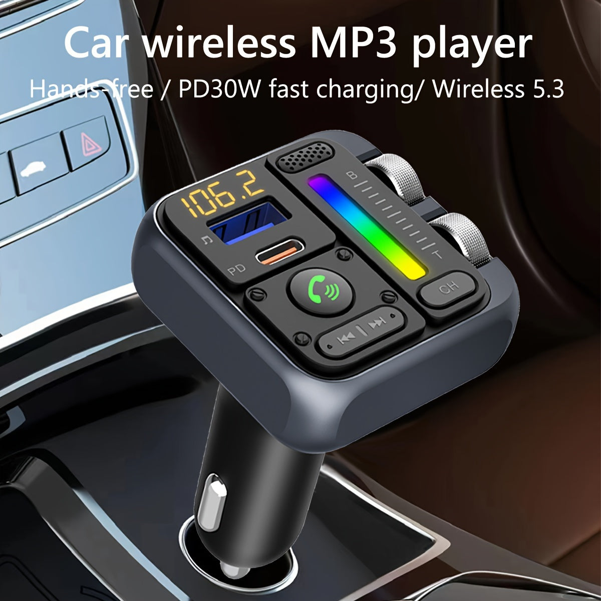 Car FM Transmitter Handsfree Kit Voice Assistant USB Charger MP3 Player