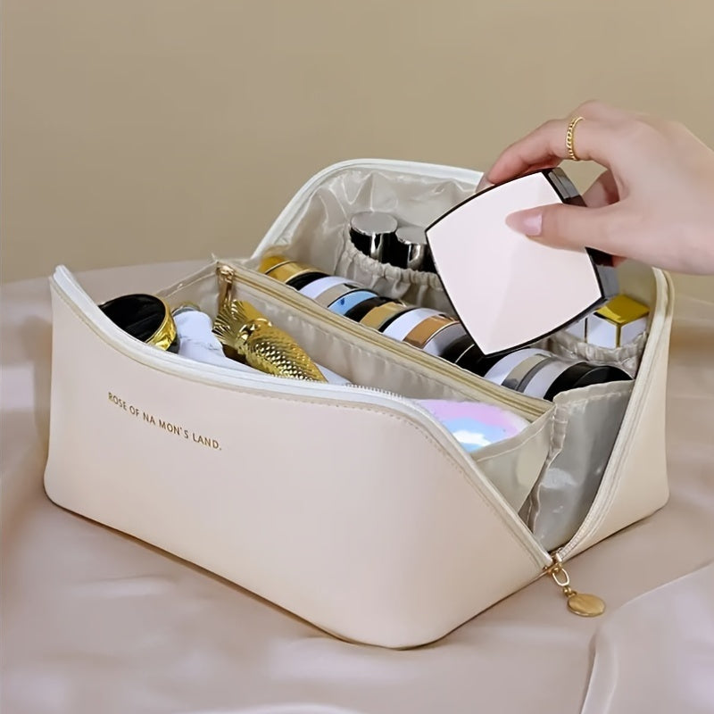 Double-Layer Leather Travel Cosmetic Bag for Men and Women Waterproof Makeup Organizer