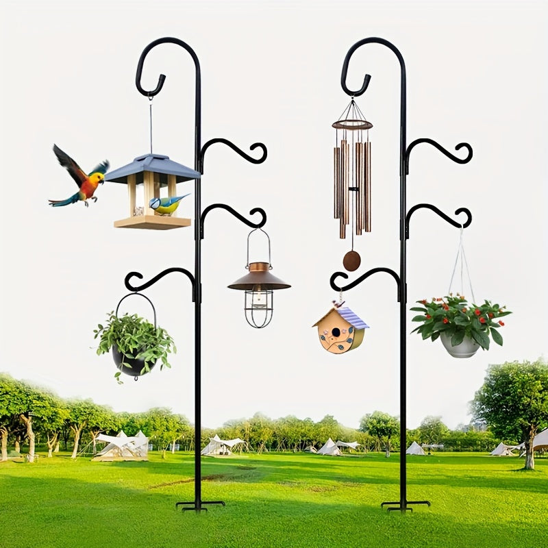 Rustic Iron Garden Hook with Three Hanging Arms and Five-Prong Base for Bird Feeders and Flower Baskets