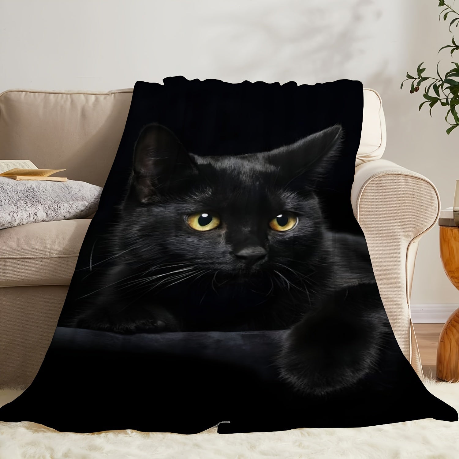 Cozy Flannel Blanket for Cat Lovers Black Cat Digital Print Soft Warm Gift