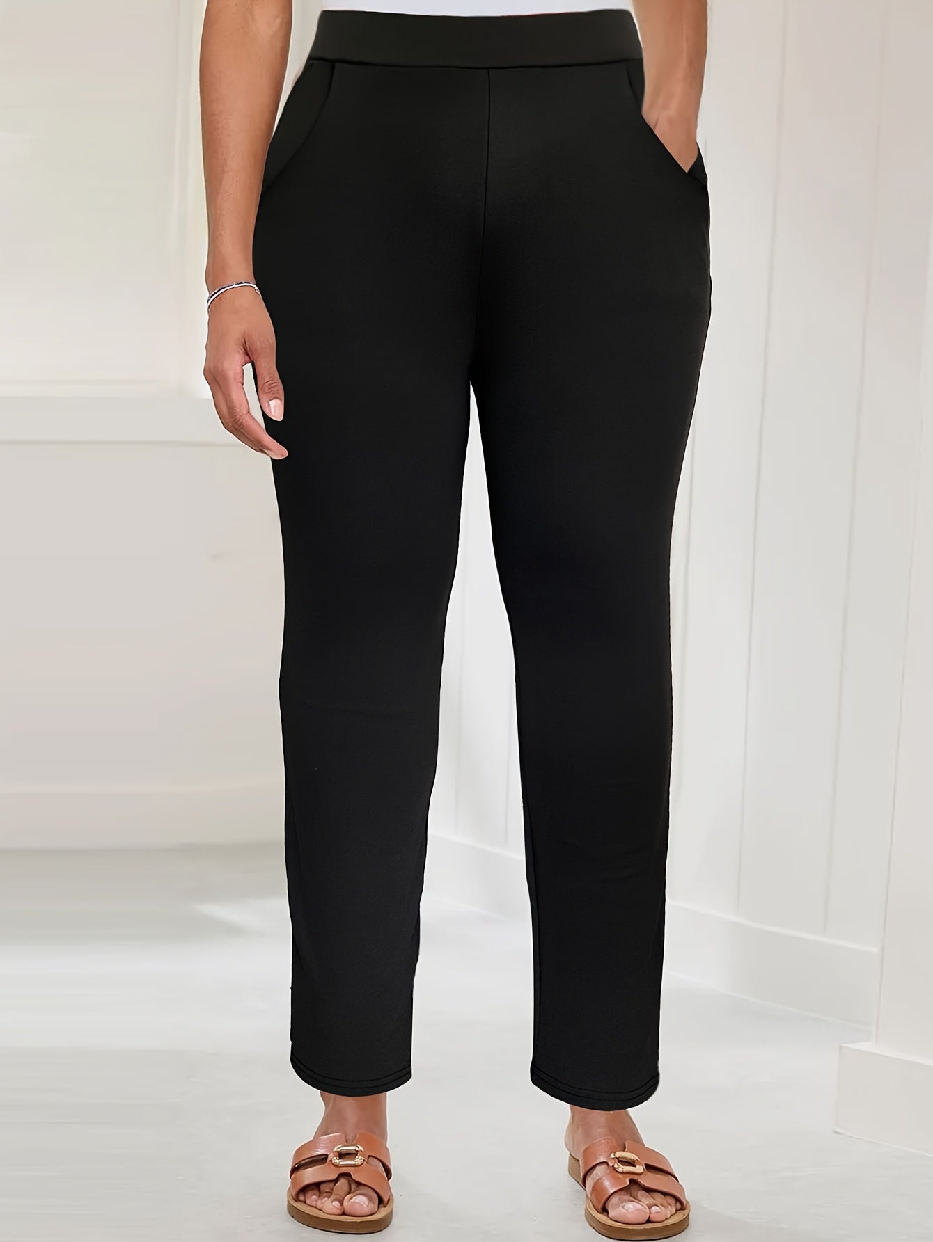 Women's Plus Size Stretch Straight Leg Pants Black Casual Semi-Formal