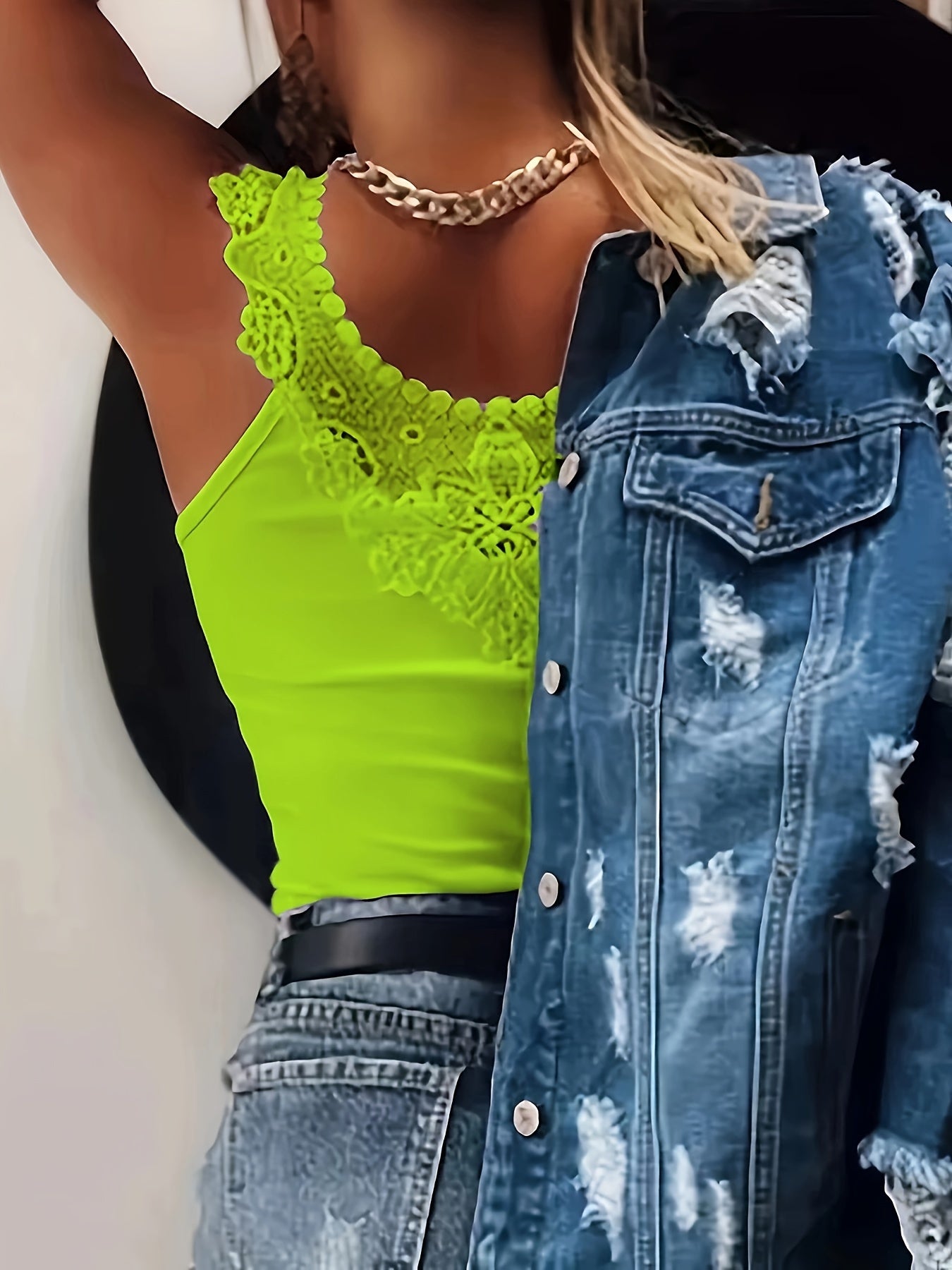 Plus Size Casual Lace Applique Tank Top Crew Neck Sleeveless Vest Polyester Blend