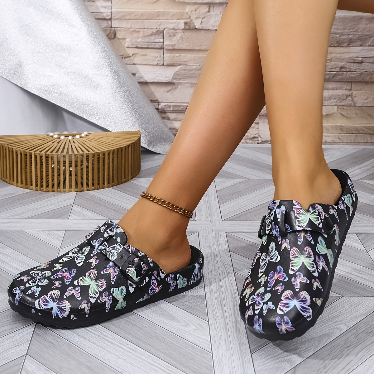 Women's Butterfly Print Black Ankle Boots with Non-slip Flat Soles