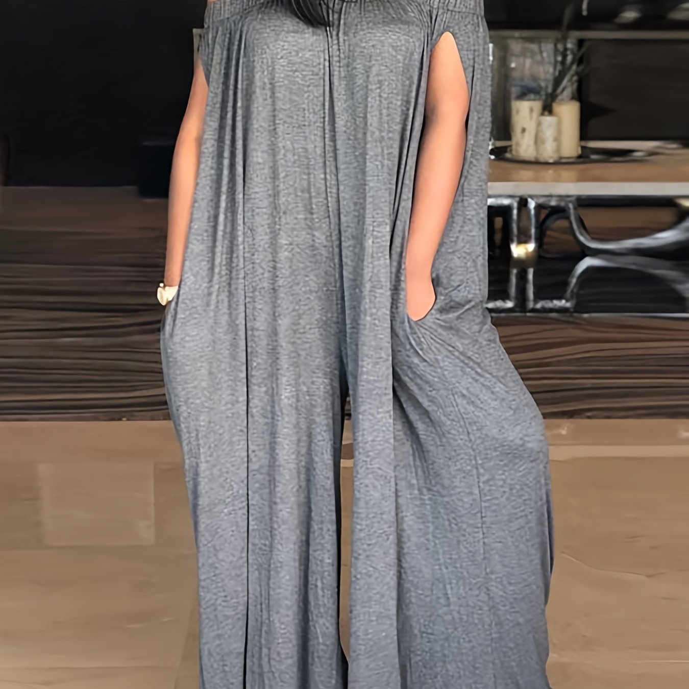 Women's Plus Size Strapless Jumpsuit Polyester Elastane Long Pockets