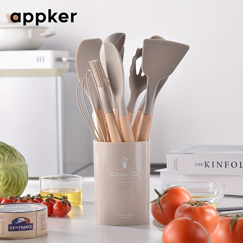 12-Piece Non-Stick Silicone Kitchen Utensil Set with Wooden Handles Heat-Resistant Durable Safe for Cooking and Baking