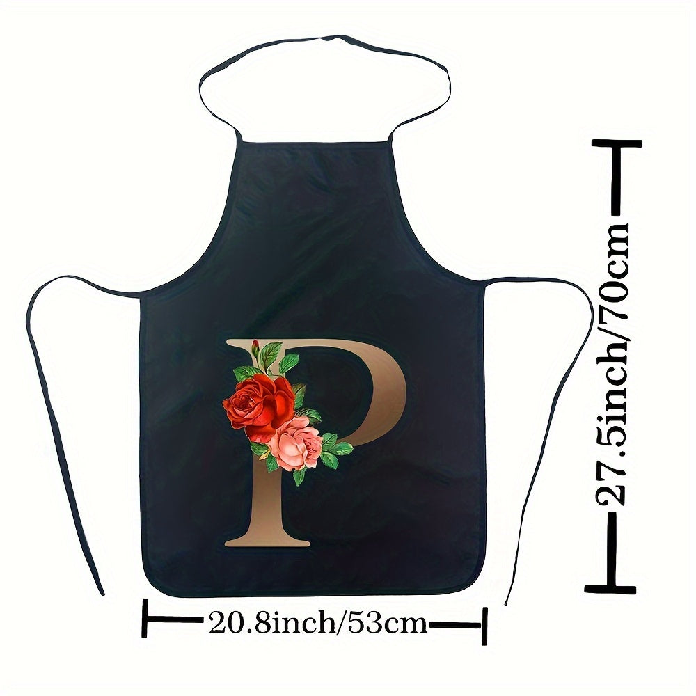 Women's Floral Polyester Kitchen Apron with Letter Print and Monogram