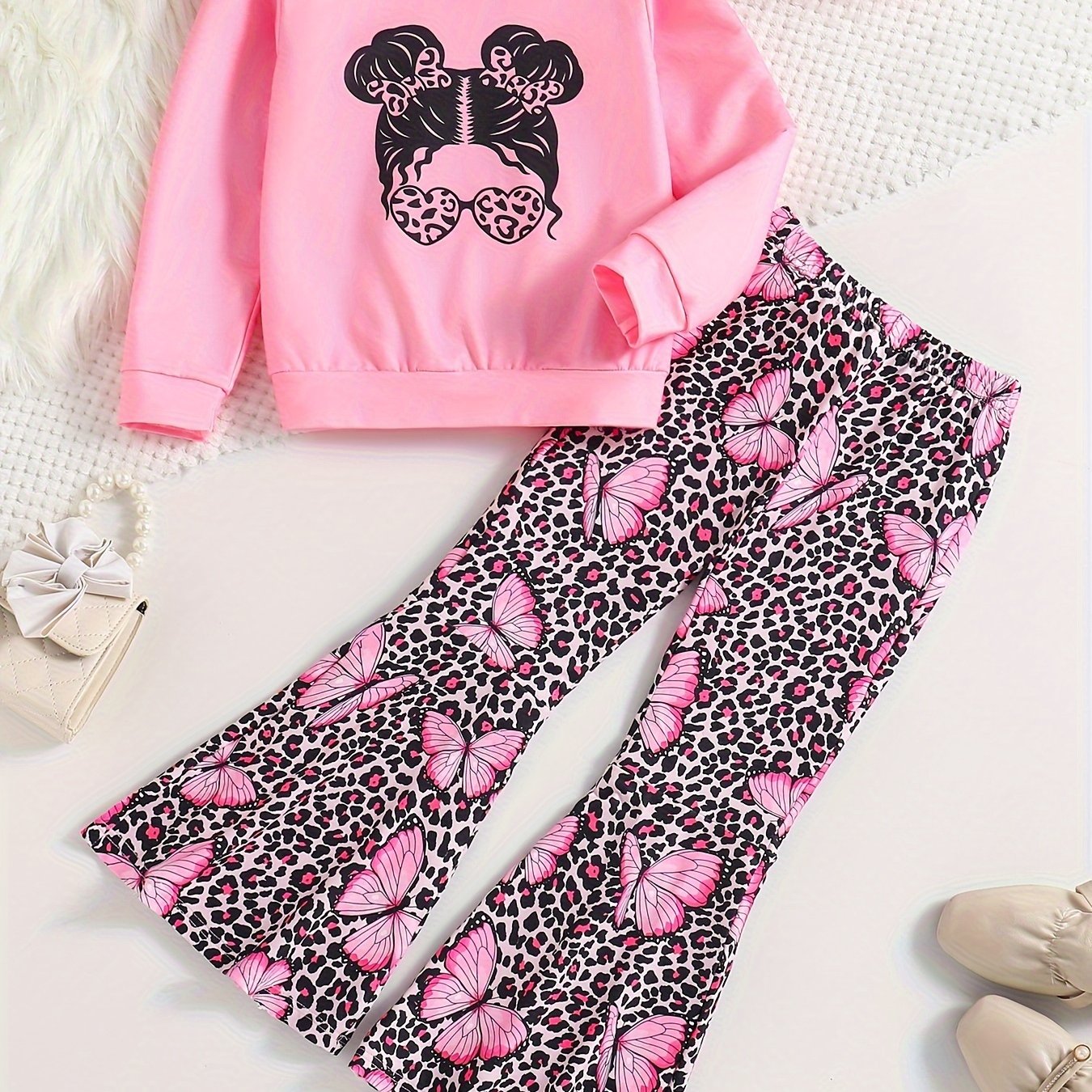 Girls' 2-Piece Outfit Sweatshirt and Leopard Flared Pants with Sunglasses for Spring Fall Kids