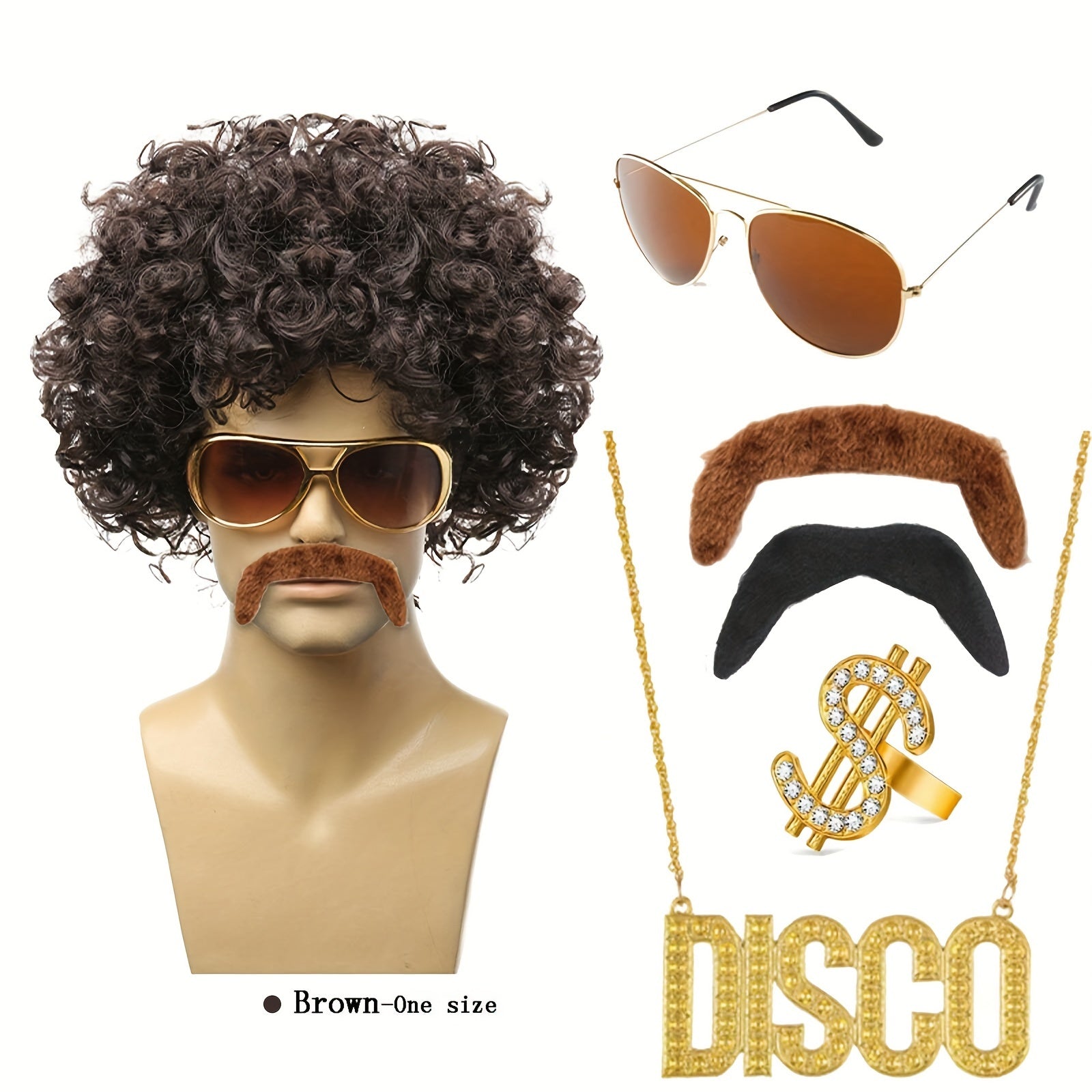Conjunto de disfraz de los 70s y 80s con peluca rizada, gafas, bigote y collar para fiesta