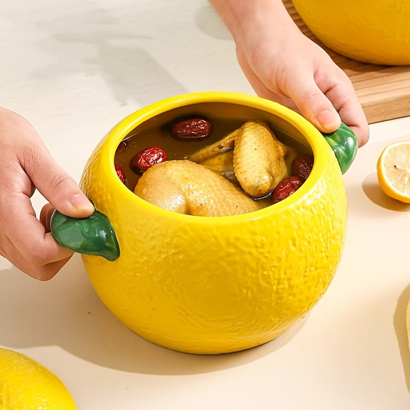 Large Ceramic Lemon-Shaped Pot with Lid for Baking Serving and Storage