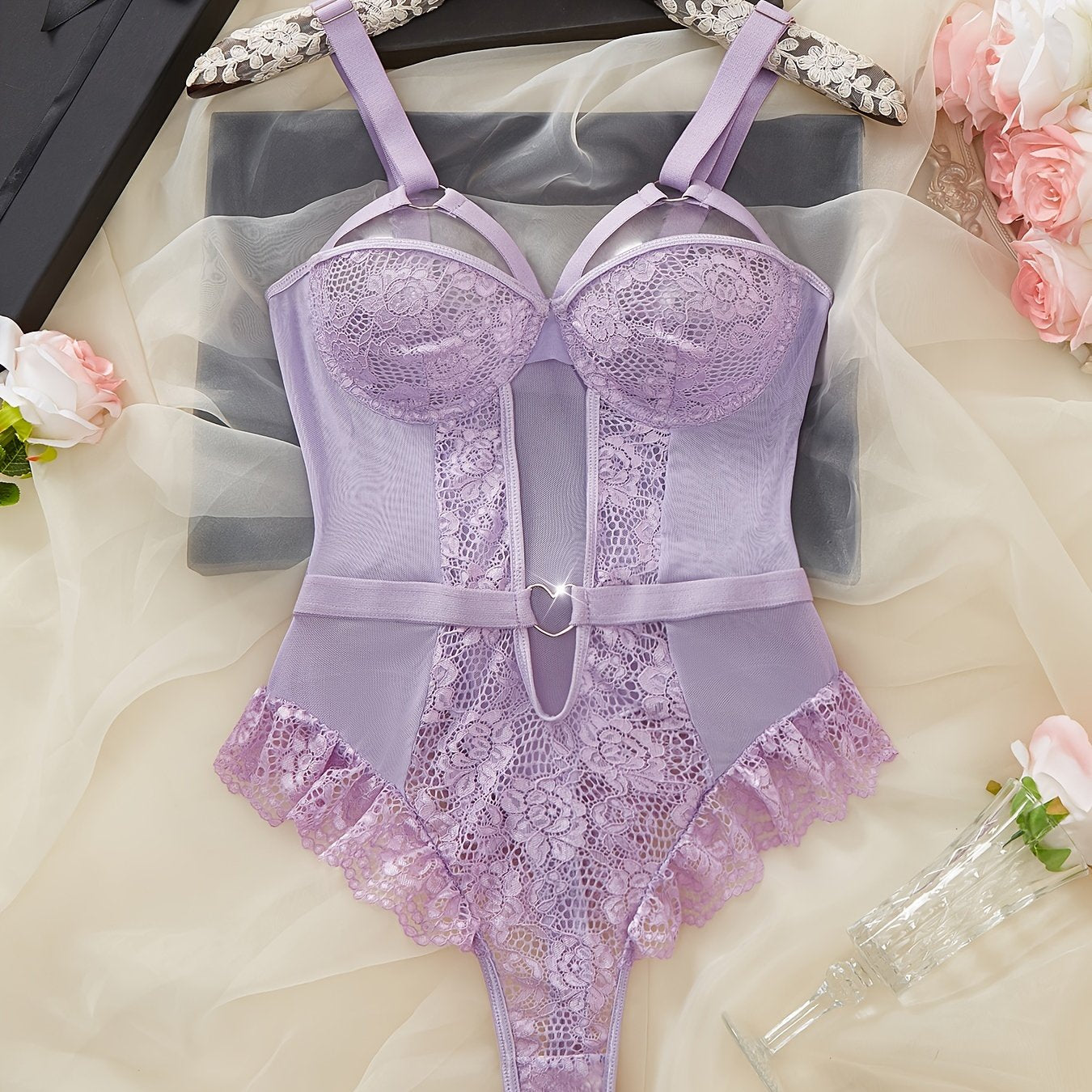 Women's Lace Teddy and Thong Bodysuit with Heart Trim Sexy Lingerie