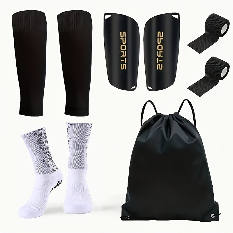 Football Training Equipment Set 5 Pieces Silicone Grip Socks Calf Sleeves Drawstring Backpack Leg Pads Polyester