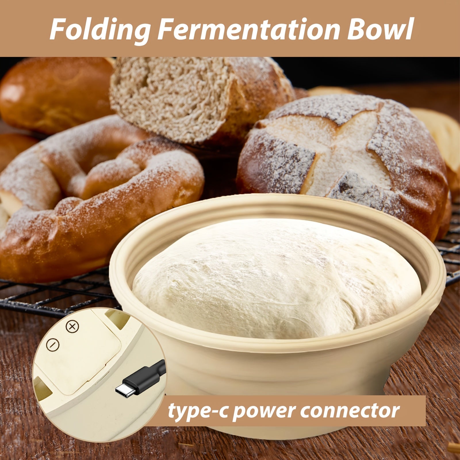 Cuenco de fermentación de silicona con control de temperatura y calefacción USB para pan y pasteles