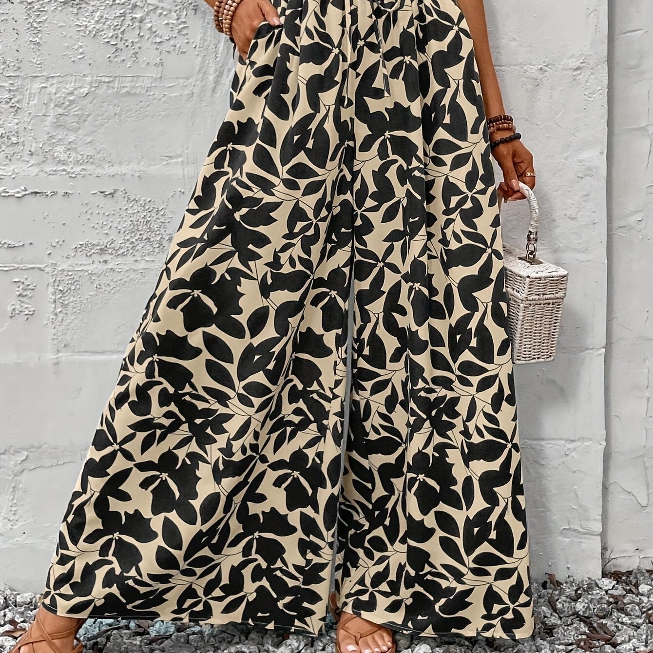 Women's Plus Size Floral Print Wide-Leg Pants Casual Formal Ruffled Hem