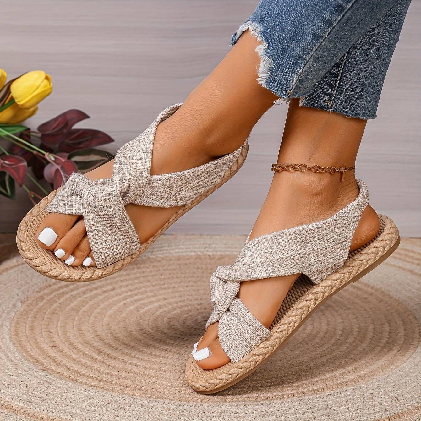 Women's Flat Strappy Sandals Breathable Fabric Cushioned Insole