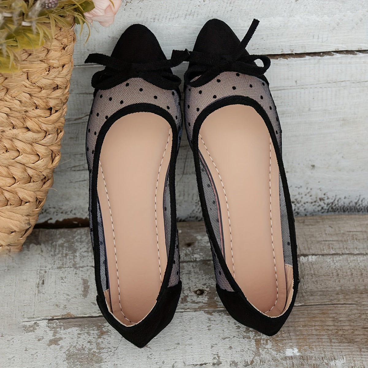 Women's Black Pointed Toe Slip-On Loafers with Bow and Polka Dot Net Fabric