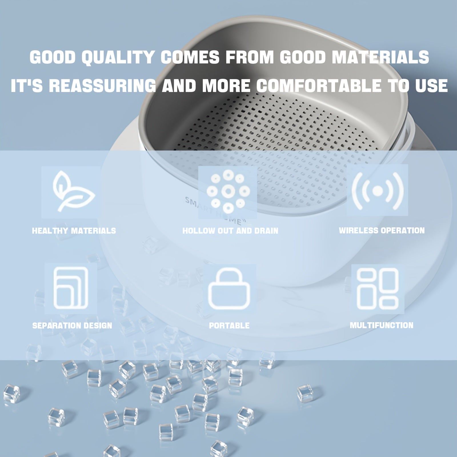 Ovoz to'lqin texnologiyasi bilan multi-funksional oshxona qurilmasi meva va sabzavotlarni tez va samarali tarzda tozalaydi. Oq rangda batareyali, aqlli uy dizayni va gradient drenaj bilan.