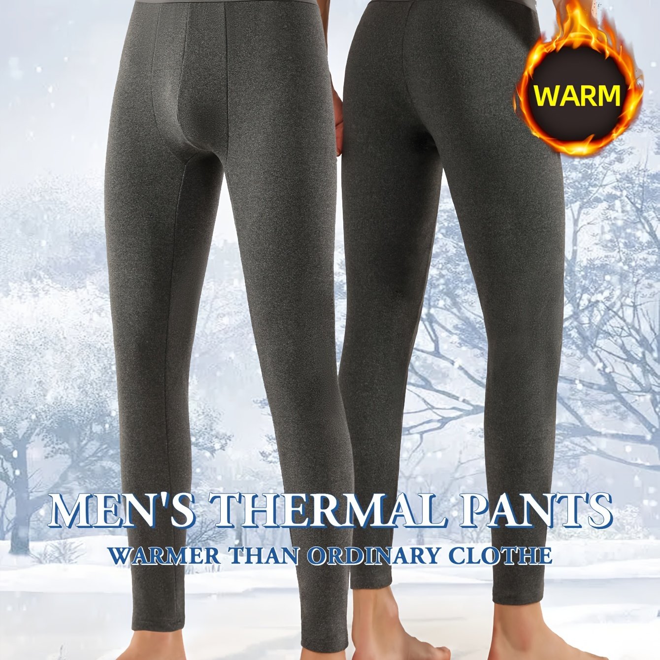 Erkaklar uchun yupqa terma shimlar, iliq flis bilan qoplangan legging uslubida, cho'ziluvchan polyester/spandex aralashmasidan tayyorlangan, kulrang rangda. Qishki qulaylik va norasmiy kiyim uchun mukammal.