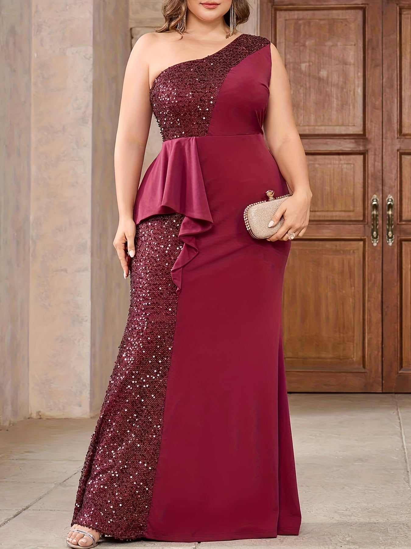 Women Sequin Off-Shoulder Gown Satin High Slit Formal Dress