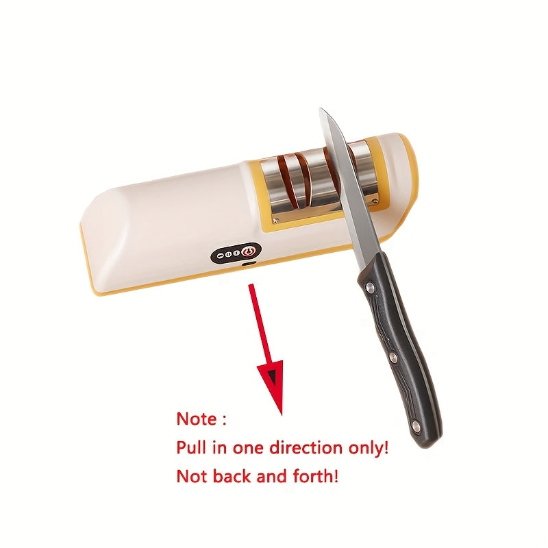 Moslashuvchan 20 daraja burchak bilan portativ USB quvvatlanadigan elektr pichoq silliqlash mashinasi. Turli oshxona pichoqlari va keramik pichoqlar uchun mos. Bardoshli plastmassa korpus.