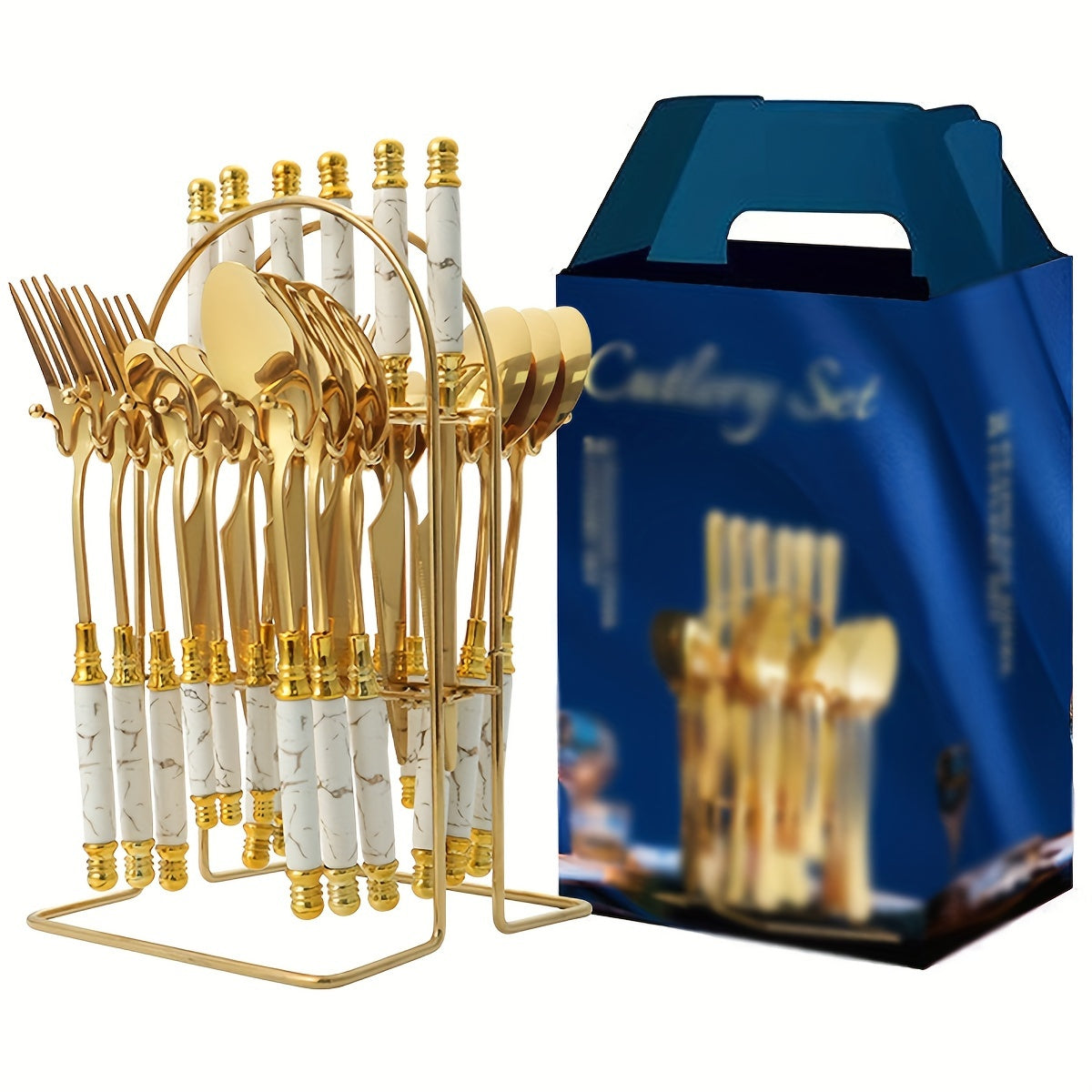 24-Piece Stainless Steel Tableware Set with Ceramic Handles for Hotel and Restaurant Dining