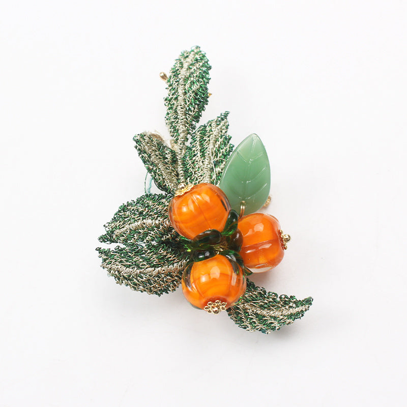 Handcrafted Brooch Pin with Vintage Style Irregular Shape Green Leaf Orange Accents Rhinestone Embellishments