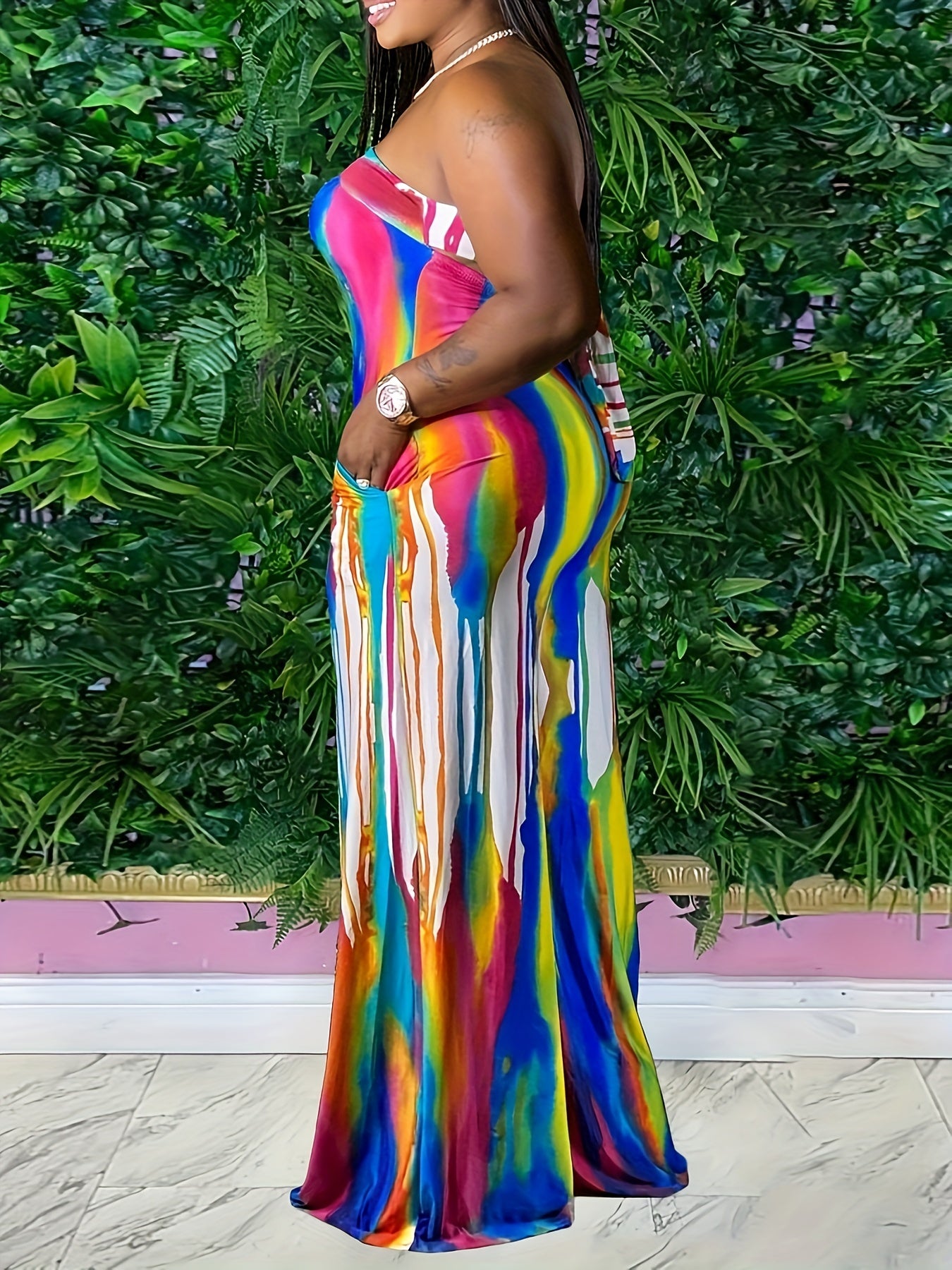 Women's Rainbow Print Off-Shoulder Jumpsuit Sleeveless Wide-Leg Polyester