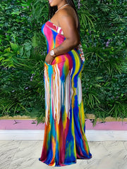 Women's Rainbow Print Off-Shoulder Jumpsuit Sleeveless Wide-Leg Polyester