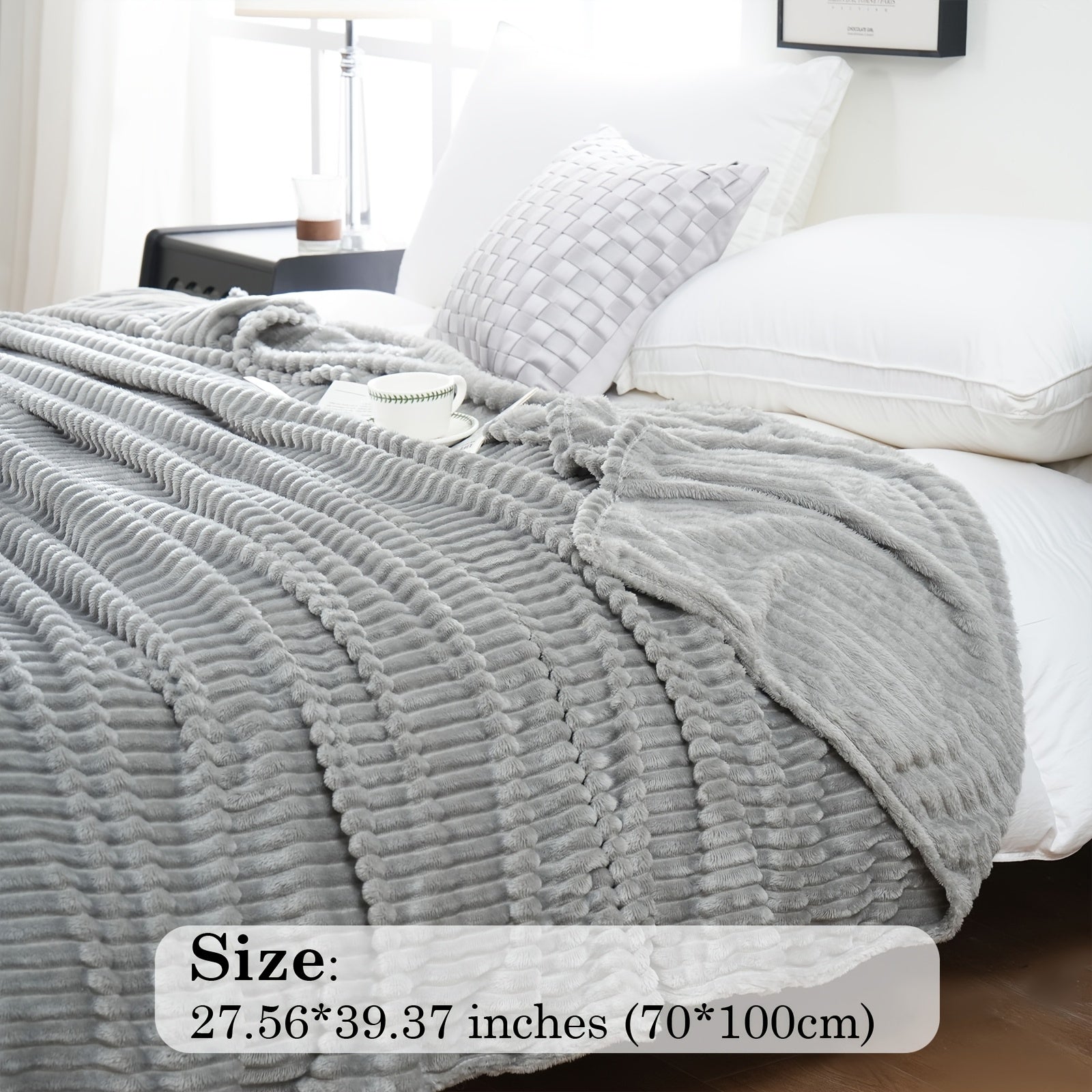 Flannel Throw Blanket 220GSM Ribbed Soft Warm All-Season Bed Sofa Office White Gray Black Beige