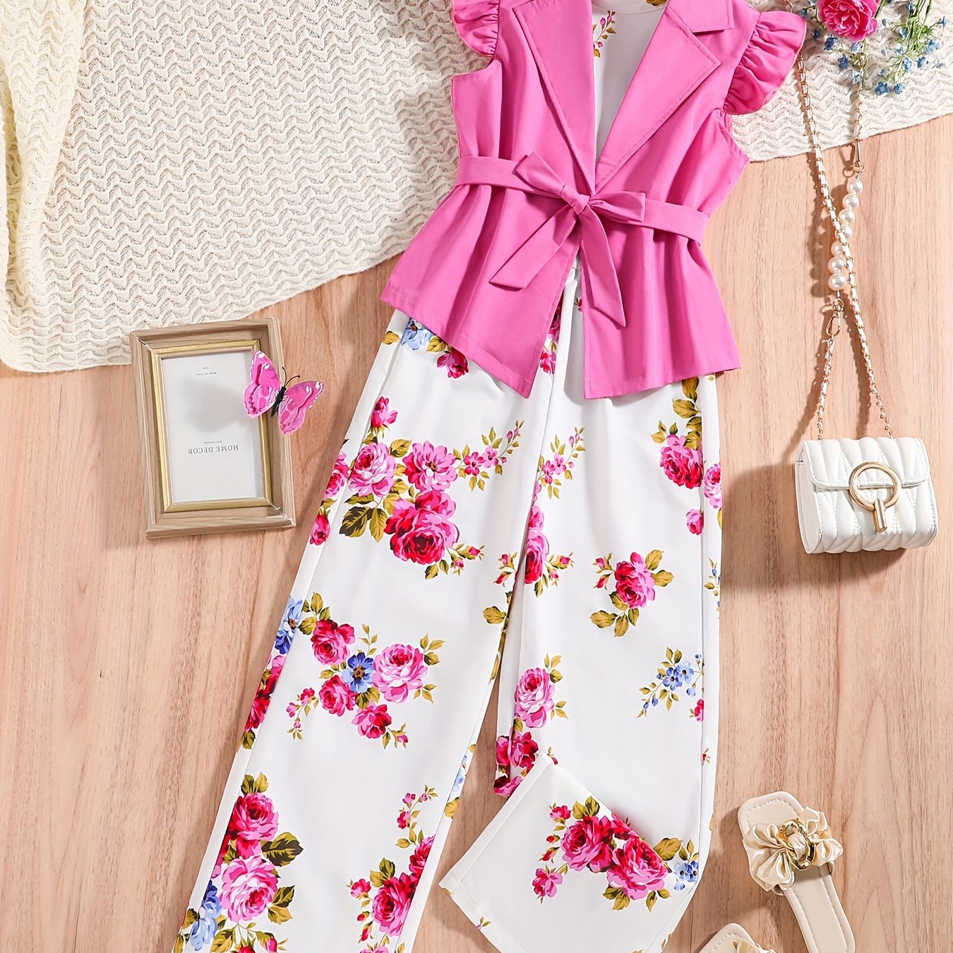 Girls Spring Summer Floral Set with Sleeves, Turn-Up Collar, Belt and Suspender Leggings