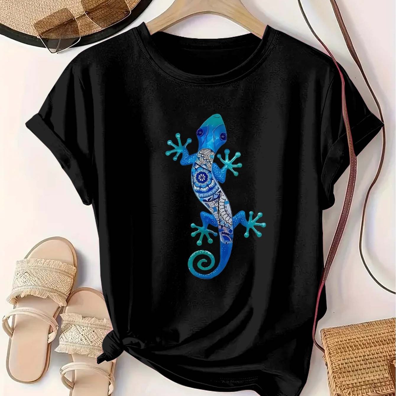Camiseta de algodón casual para mujer talla grande, negra y azul con estampado de lagarto, comodidad para todas las estaciones